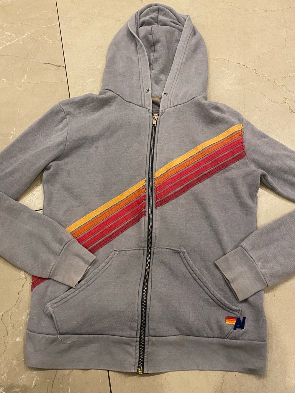 AVIATOR NATION Grey Zip-Up Hoodie with Red & Yellow Stripe Detail